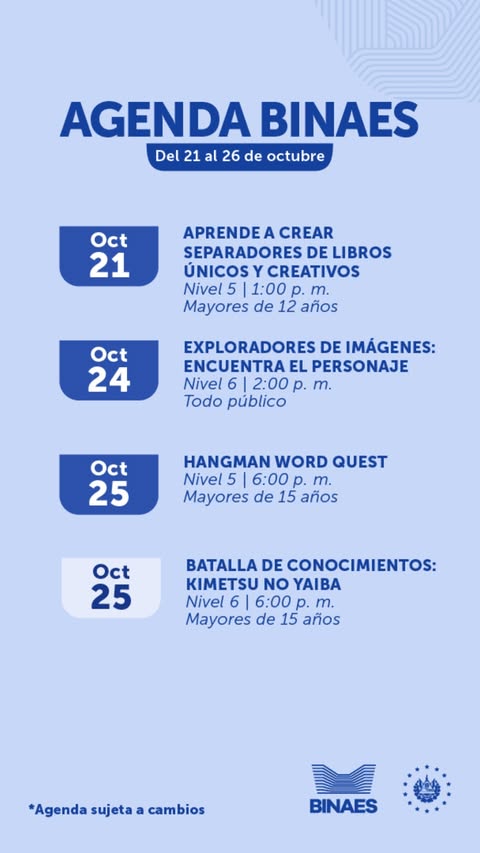La AGENDA BINAES del 21 al 26 de octubre