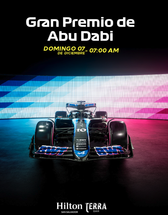 image of  Gran Premio de Abu Dabi en la pantalla de Terra Bar – Hilton San Salvador. ⚡️